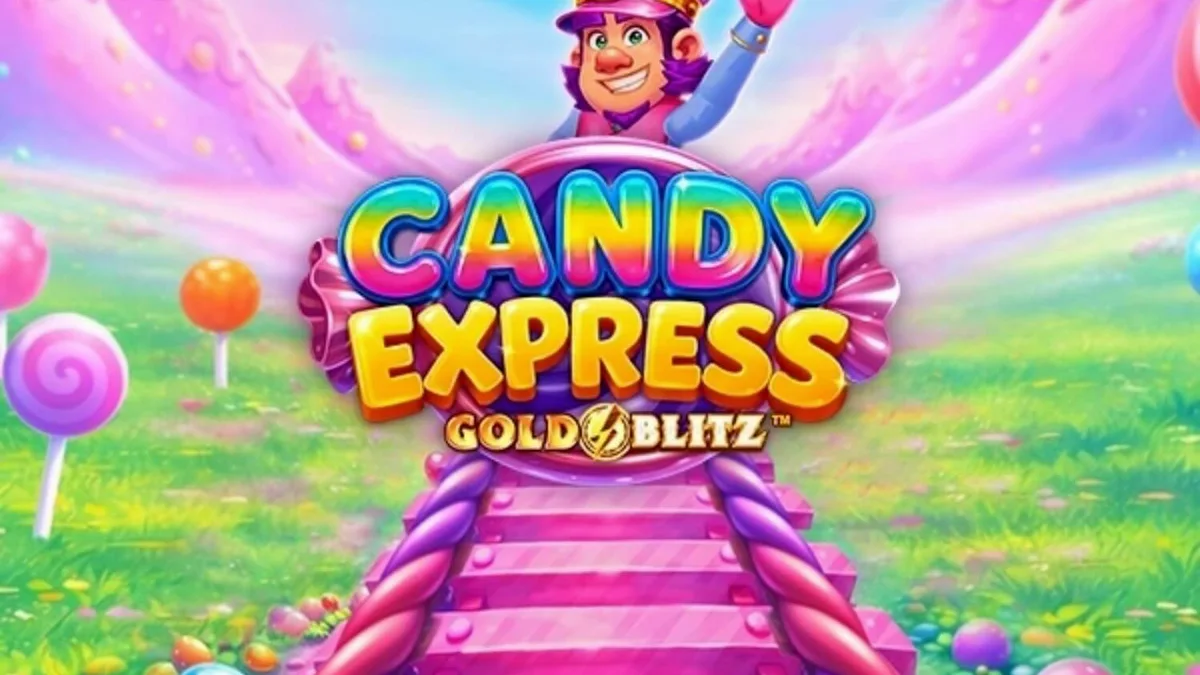 Tampilan visual mesin slot Candy Express Gold Blitz dengan tema kereta permen
