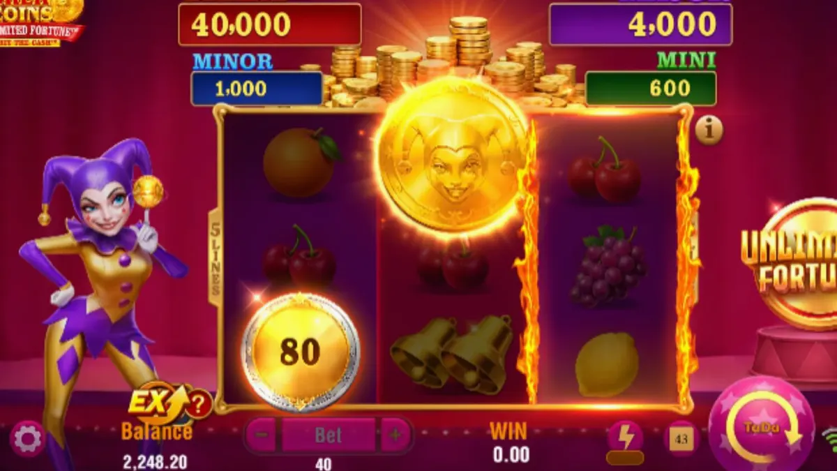 Joker Coins Unlimited Fortune slot machine interface with neon fruit symbols